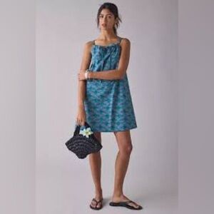 NWT Urban Outfitters BDG Eva Tie-Front Ruched Strap Trapeze Mini Dress Fish Blue